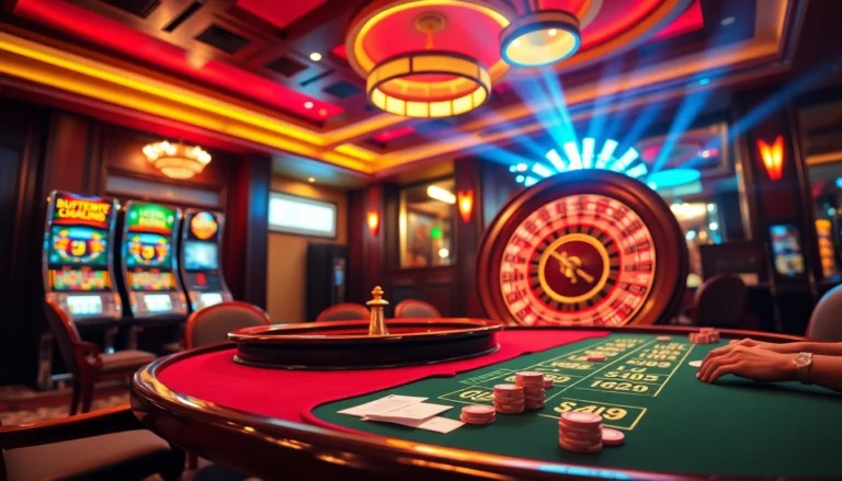 Experience thrilling gameplay at the casino with uu88, featuring poker tables and vibrant slot machines.
