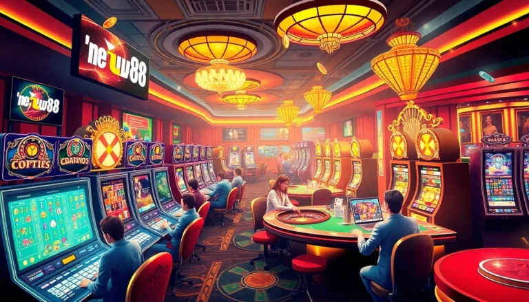 Engaging scene at new88 online casino featuring vibrant games and players enjoying slots and cards.